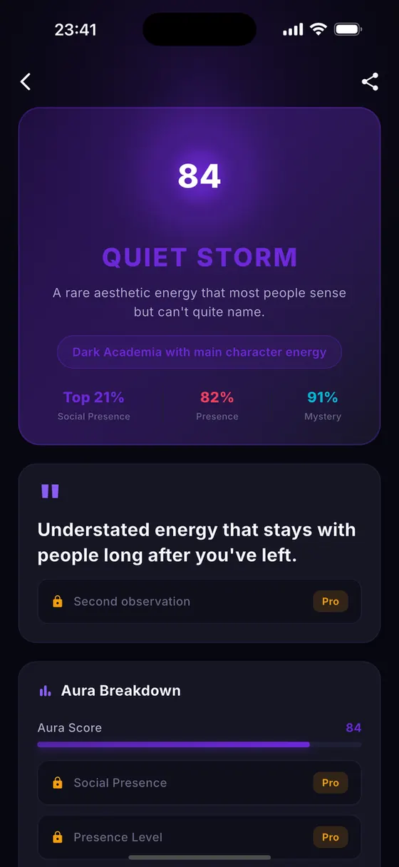 An Aura reading scored 84, named Quiet Storm